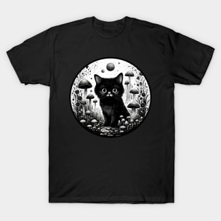 Black cat mushroom field T-Shirt